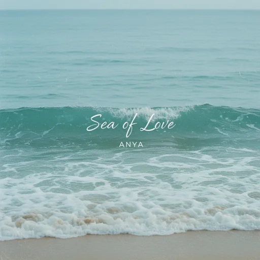 Minimalist and artistic album cover for a folk song titled 'Sea of Love', ethereal blue and seafoam textures, soft grainy film photography of gentle waves, poetic and romantic aesthetic, centered composition, high-end editorial music art
