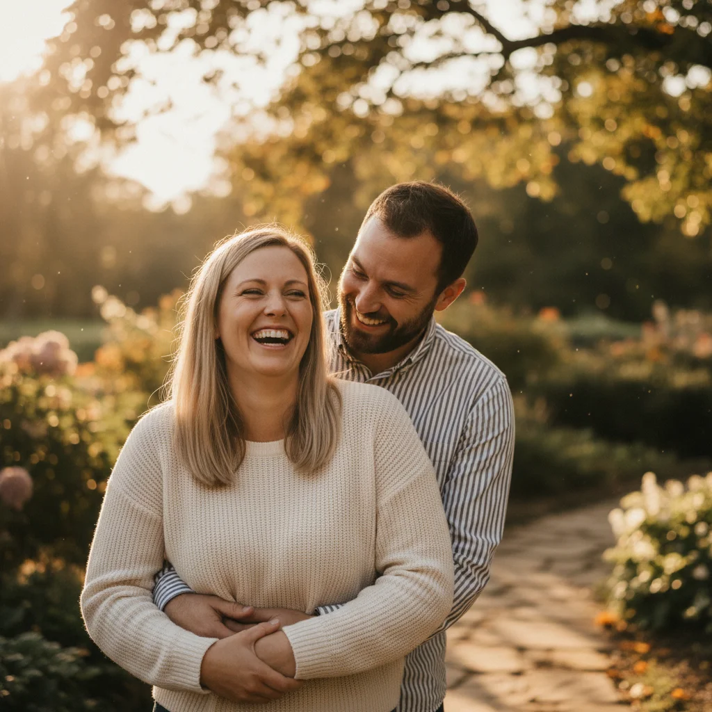 Candid moment of couple laughing together outdoors, natural and joyful expression, soft warm lighting, intimate connection, casual elegance, authentic emotion captured