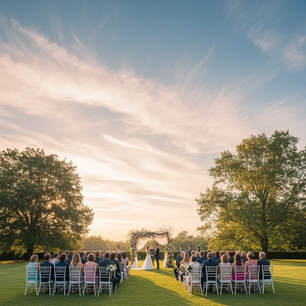 Wide angle view of outdoor wedding ceremony with expansive sky taking up upper half of frame, soft clouds, golden hour lighting, guests seated in elegant white chairs on manicured lawn below, floral ceremony arch in middle distance, lush trees framing sides, natural garden estate setting, dreamy romantic atmosphere with plenty of open sky for text overlay