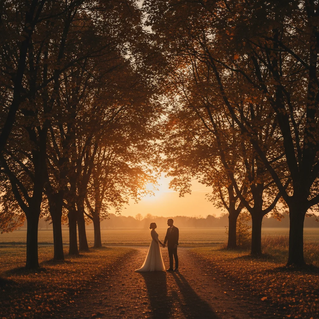 Romantic couple silhouette walking hand in hand along a tree-lined path during golden hour, dappled sunlight filtering through leaves, warm autumn tones, soft focus background, intimate and dreamy atmosphere, editorial wedding photography, cinematic composition with generous negative space
