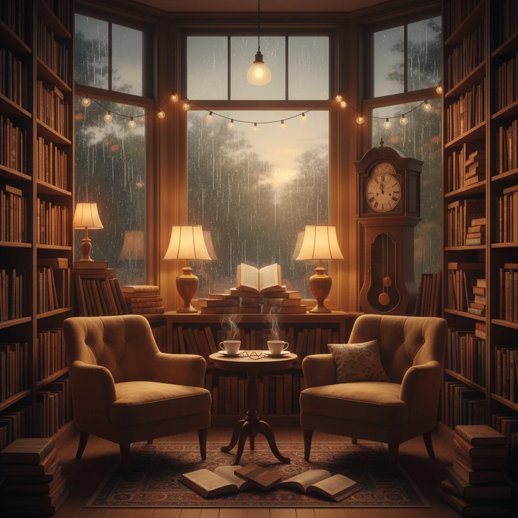 Warm cozy independent bookshop interior at evening, rain visible on windows, amber lighting, bookshelves overflowing with volumes, two empty armchairs near each other, steaming coffee cups on a side table, intimate romantic atmosphere, editorial photography style