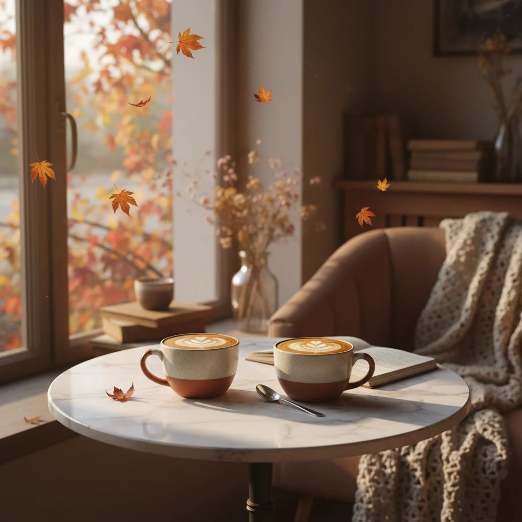 Two cups of artisan coffee on a small marble cafe table, morning light streaming through window, autumn leaves visible outside, intimate cafe setting, warm tones, editorial still life photography, romantic and nostalgic mood