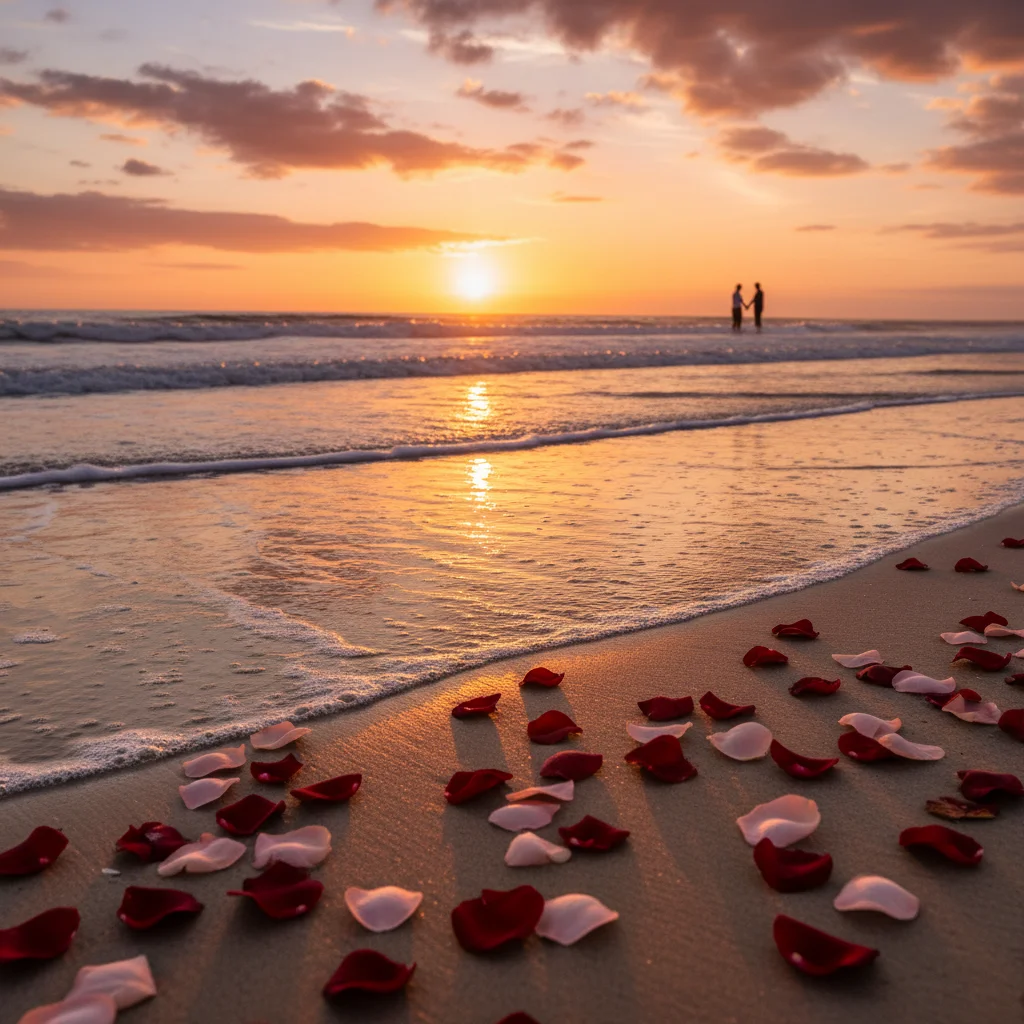 Beautiful sunset over a quiet beach shoreline, golden hour light reflecting on wet sand, gentle waves, scattered rose petals on sand, intimate romantic setting, cinematic editorial photography, warm amber and pink tones