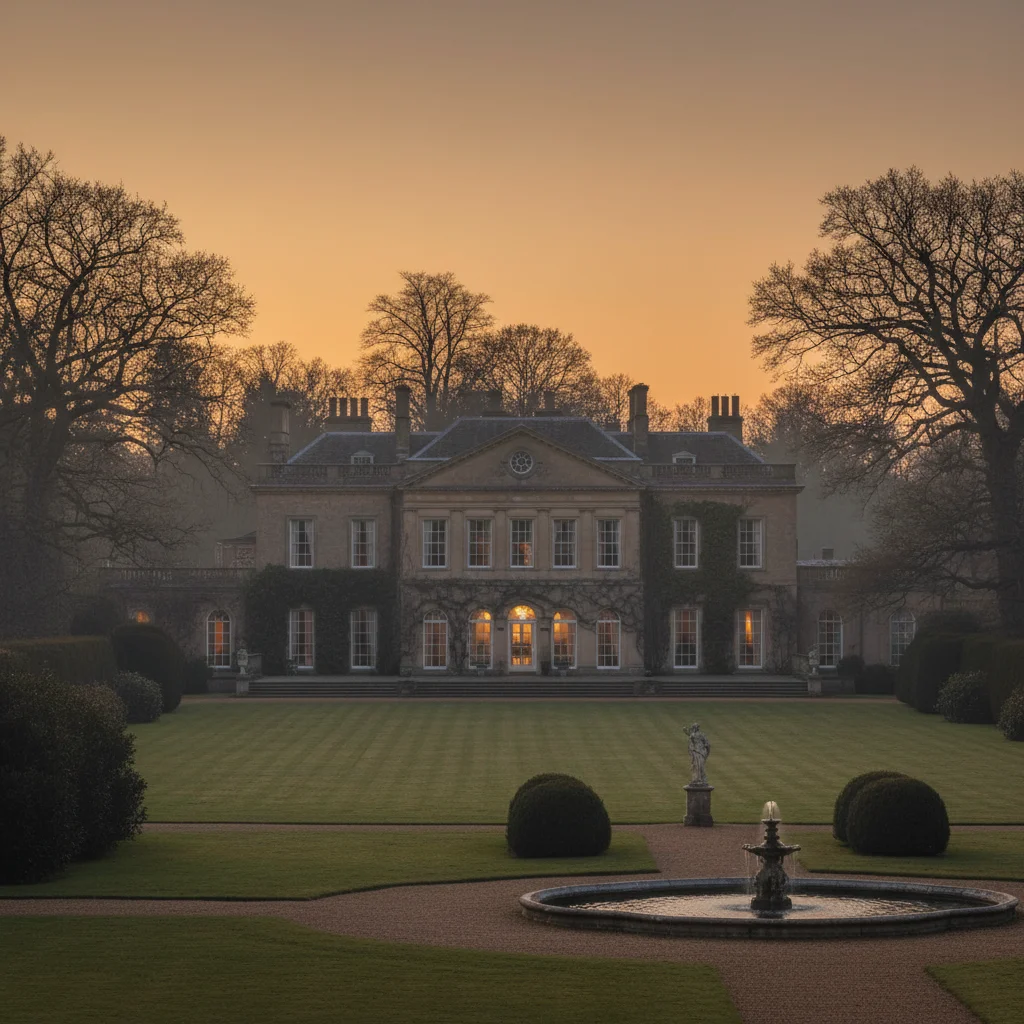 A stunning historic garden estate manor house at dusk, elegant architecture with soft interior lighting, surrounded by manicured lawns and ancient oak trees, warm golden hour atmosphere, cinematic architectural photography, refined and peaceful