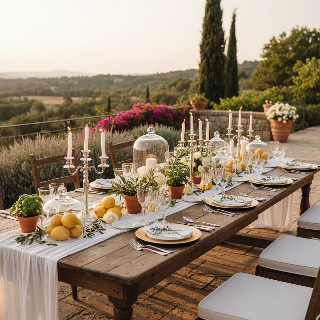 Luxurious outdoor wedding reception table with Mediterranean garden view, long wooden table beautifully set with white linens, fresh lemons and herbs as natural decor, glassware catching sunlight, cypress trees and rolling hills in soft-focus background, warm golden hour light, sophisticated rustic elegance
