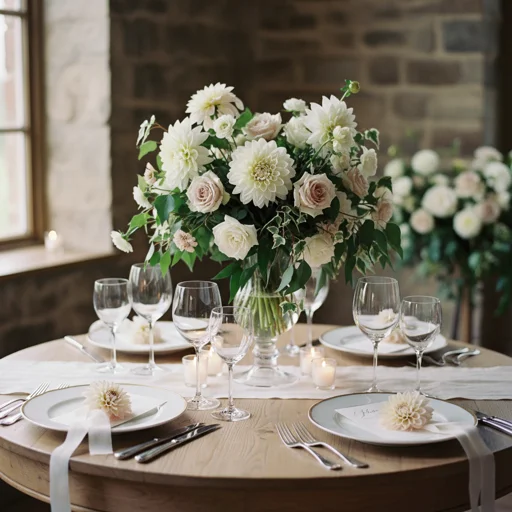 Intimate wedding table setting with elegant floral centerpiece in glass vase, white and blush dahlias with greenery, wine glasses, fine dining place setting, soft natural light, refined and romantic, editorial still life photography